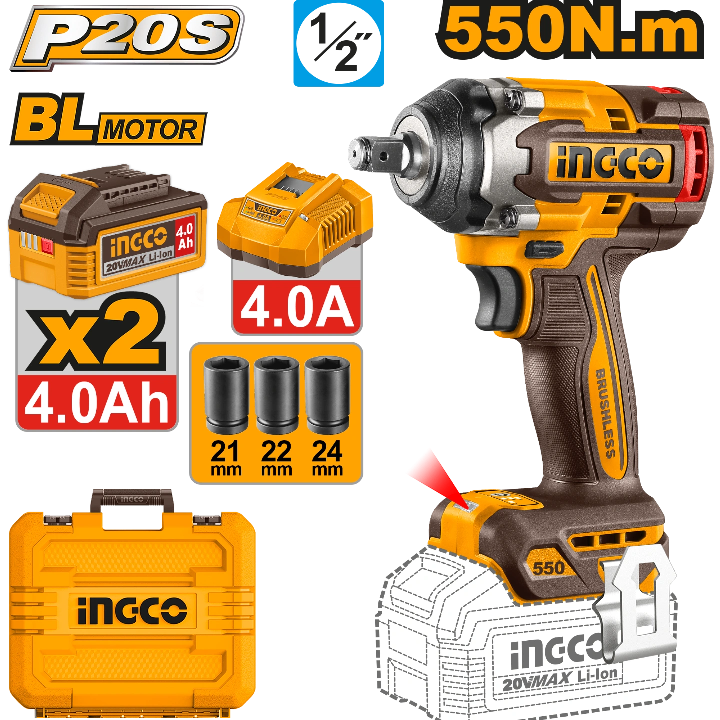 Boulonneuse 20V - 550N.m - Avec 2 Batt 4,0Ah et 1 Chargeur INGCO | CIWLI2055