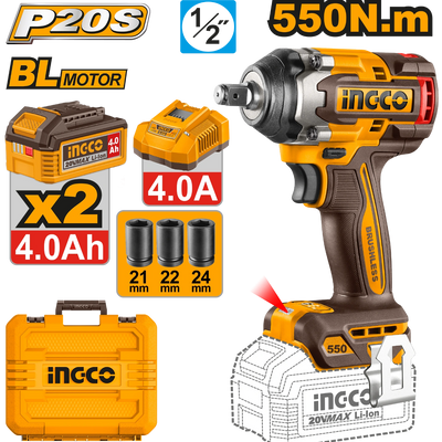 INGCO BOULONNEUSE 20V - 550N.M - AVEC 2 BATT 4,0AH ET 1 CHARGEUR AU MAROC [CIWLI2055]