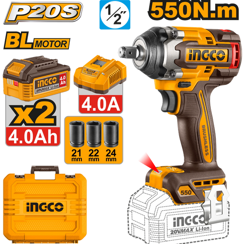 Boulonneuse 20V - 550N.m - Avec 2 Batt 4,0Ah et 1 Chargeur INGCO | CIWLI2055
