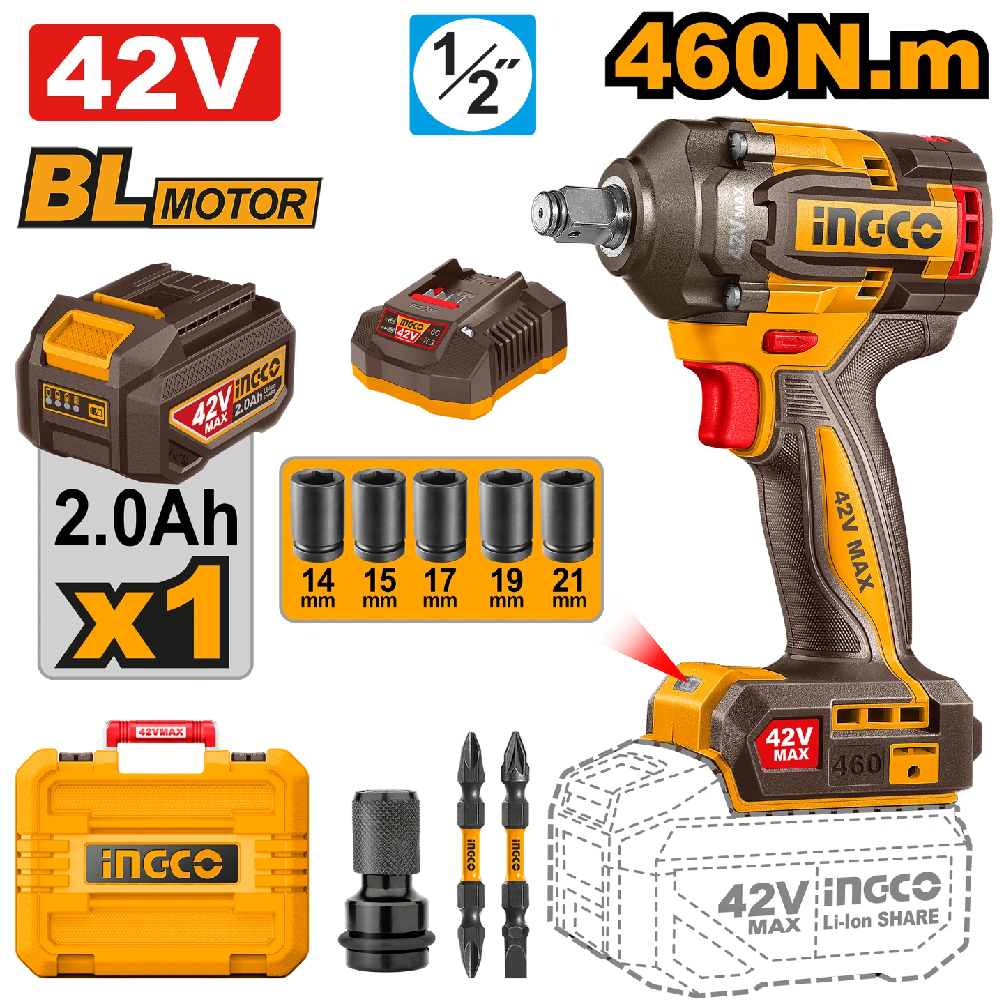 Boulonneuse sans fil 460N.m avec 1Batt et 1 Chargeur INGCO | CIWLI42461