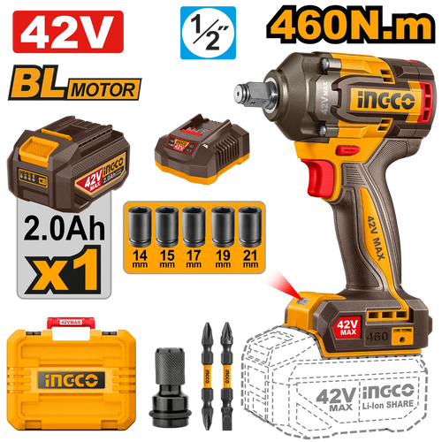 Boulonneuse sans fil 460N.m avec 1Batt et 1 Chargeur INGCO | CIWLI42461
