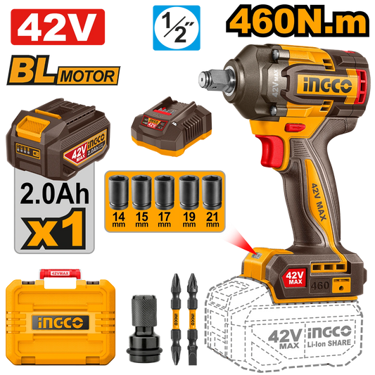 Boulonneuse sans fil 460N.m avec 1Batt et 1 Chargeur INGCO | CIWLI42461