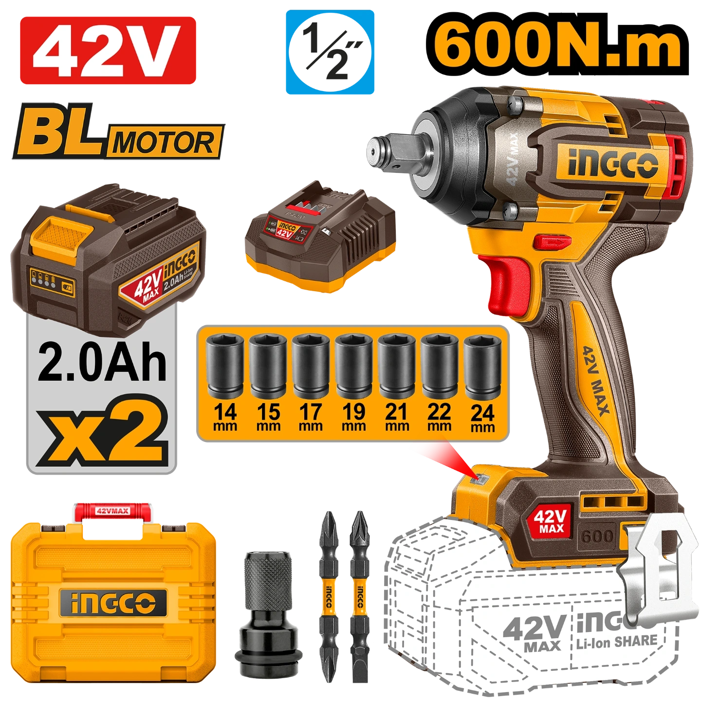 Boulonneuse 600N.m 42V avec 2Batt et 1 Chargeur INGCO | CIWLI42602