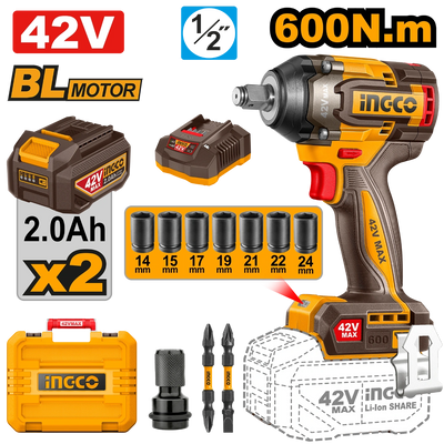 INGCO BOULONNEUSE 600N.M 42V AVEC 2BATT ET 1 CHARGEUR AU MAROC [CIWLI42602]